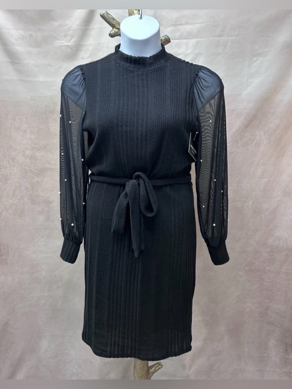 NWT Absolutely Famous Black Belted Sweater Dress w/Pearls Size L